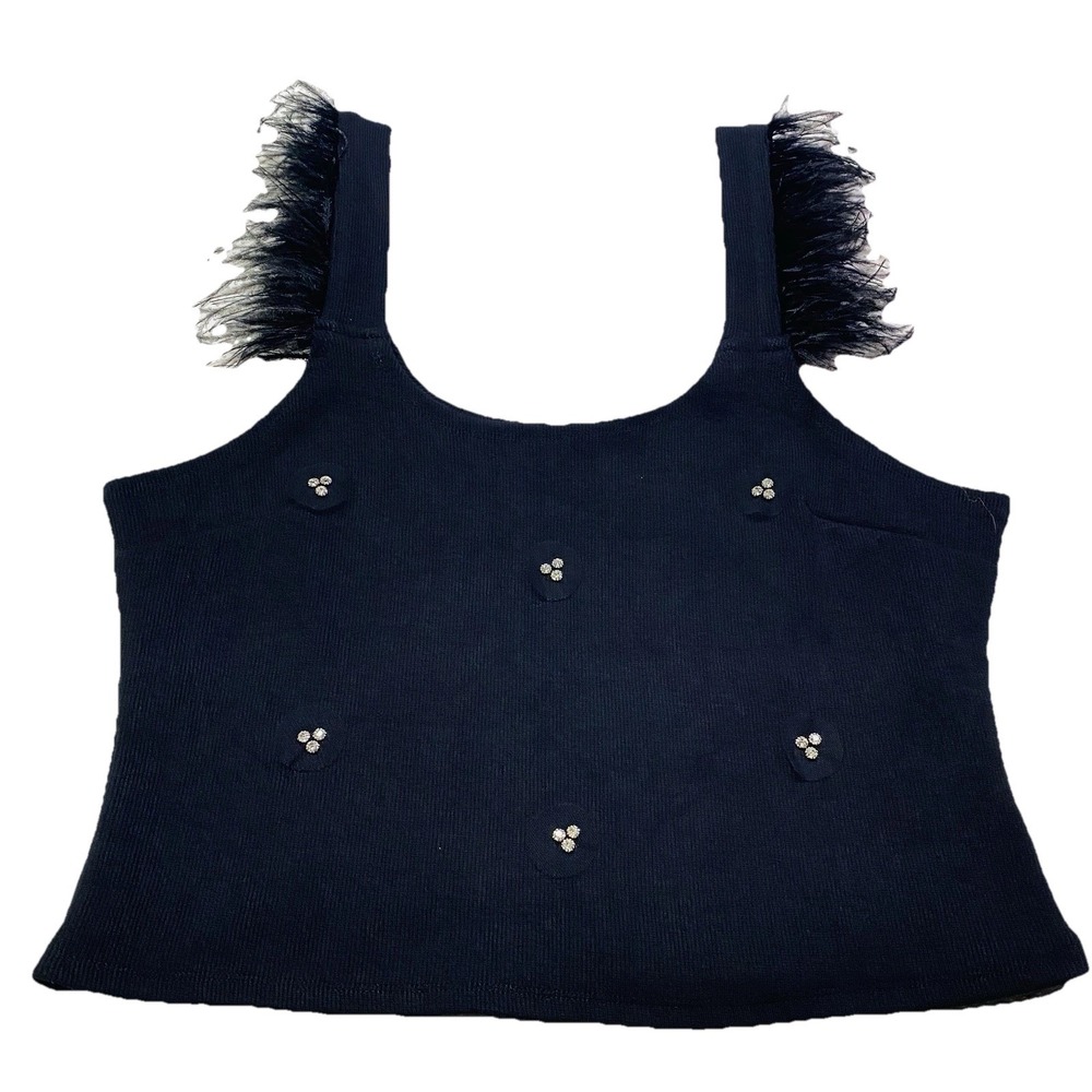 Arula Tank Sweater Top With Rhinestones And Feathers‎ Sleeveless Black